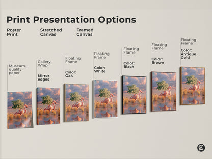 Explore print presentation options for flamingo wall artwork. Choose from poster prints stretched canvas and framed canvas. Each option enhances the pink teal and orange boho artwork. Find the perfect bird lover gift for your home decor.