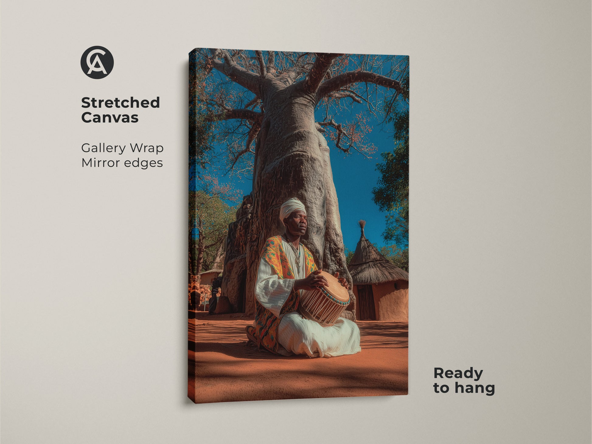 Stretched canvas of an African musician with a tribal Baobab tree.  Gallery wrapped with mirror edges. This boho culture canvas art features earth tones. It is a folk art with blue and orange colors. This musician artwork is ready to hang.