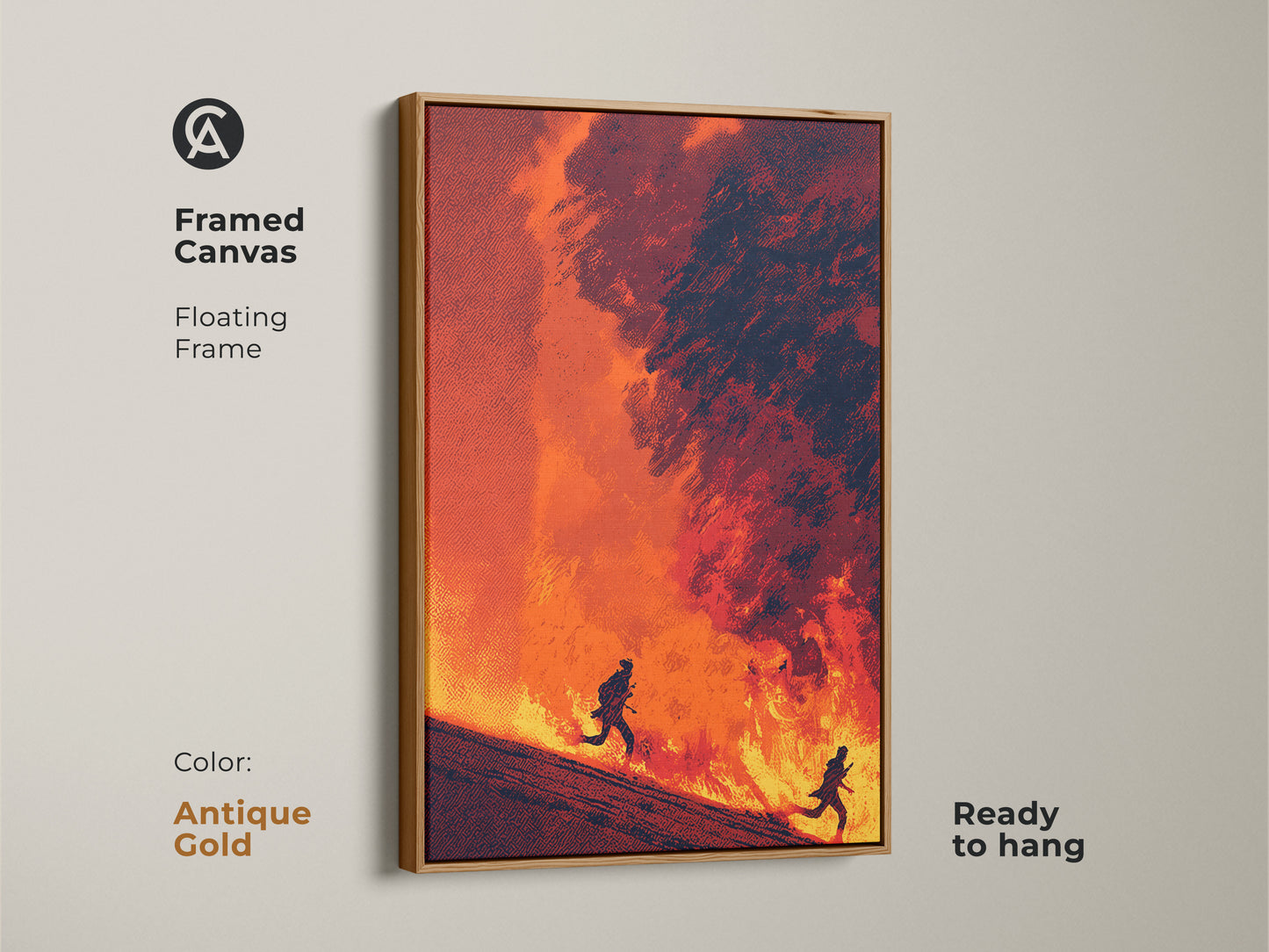 Framed canvas featuring abstract figurative artwork. The floating frame is an elegant antique gold. Figures run amidst deep red and orange flames. A unique addition to your eclectic art collection.