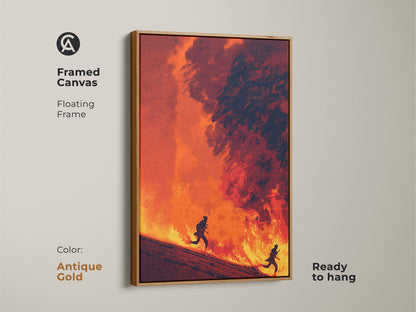 Framed canvas featuring abstract figurative artwork. The floating frame is an elegant antique gold. Figures run amidst deep red and orange flames. A unique addition to your eclectic art collection.