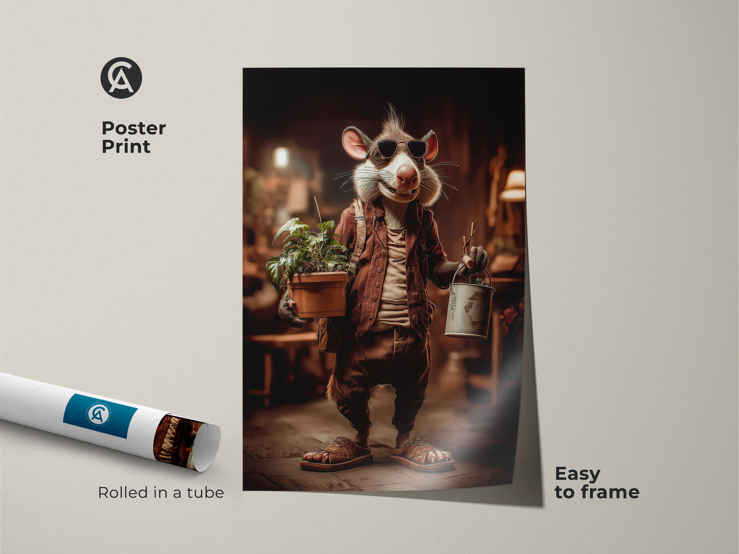 Poster print of a whimsical rat tending a potted plant. This animal lover art is rolled in a tube for easy framing. The tan brown color and quirky nature make it a great housewarming gift. Add eclectic charm to your decor.