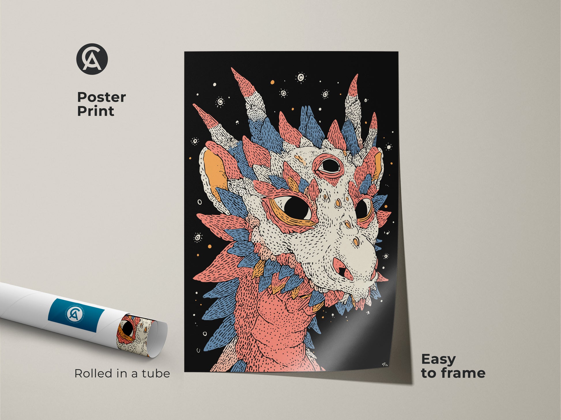 Poster print of an illustrated dragon. This mythical creature art is easy to frame. It's an ideal fantasy fan gift idea. The unique wall hanging features celestial dragon art.