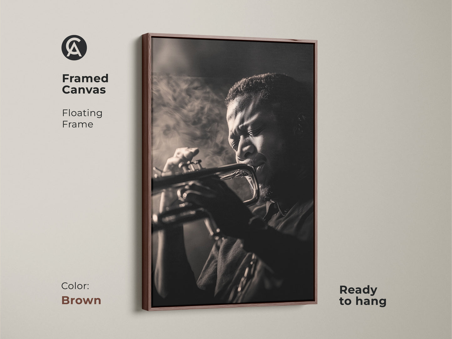 A framed canvas in brown displays a black and white photo. The musician is deeply involved in playing the trumpet. The floating frame adds warmth to the artwork. Ready to hang this framed canvas. Add character to your home!