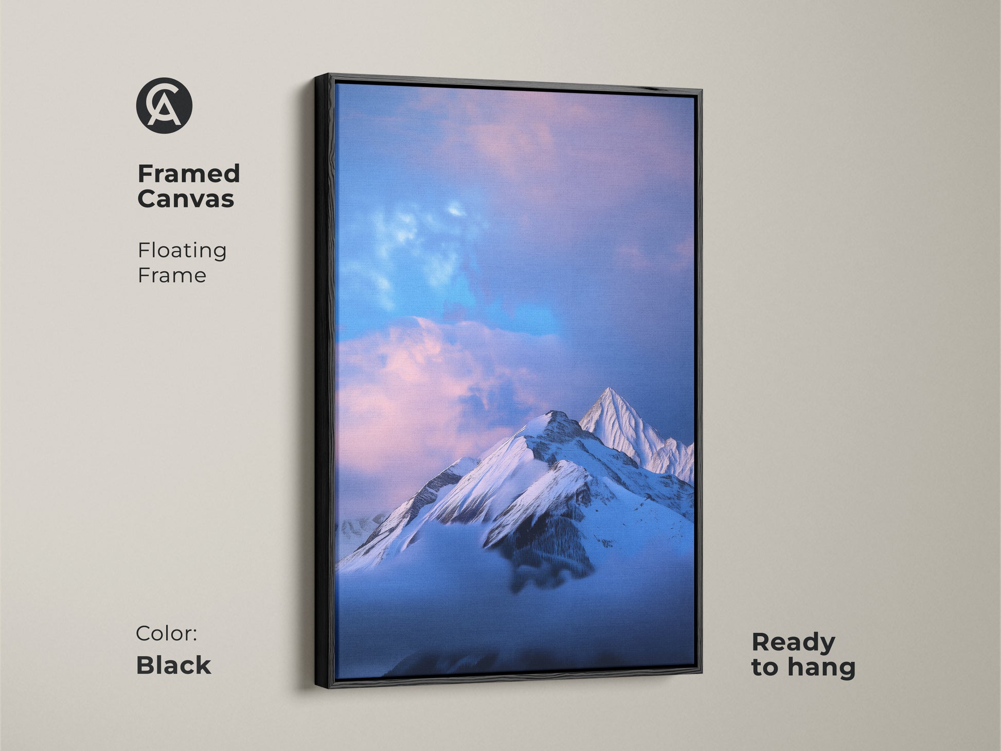Framed canvas of snowy mountain artwork with a black floating frame. This winter landscape wall art is ready to hang. Blue and white nature art adds modern elegance. A housewarming gift for hikers.