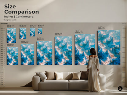 Size comparison of mountain landscape art in inches and centimeters. View canvas and poster prints in various dimensions. Transform your living room with captivating aerial artwork. Find the ideal size for your space.