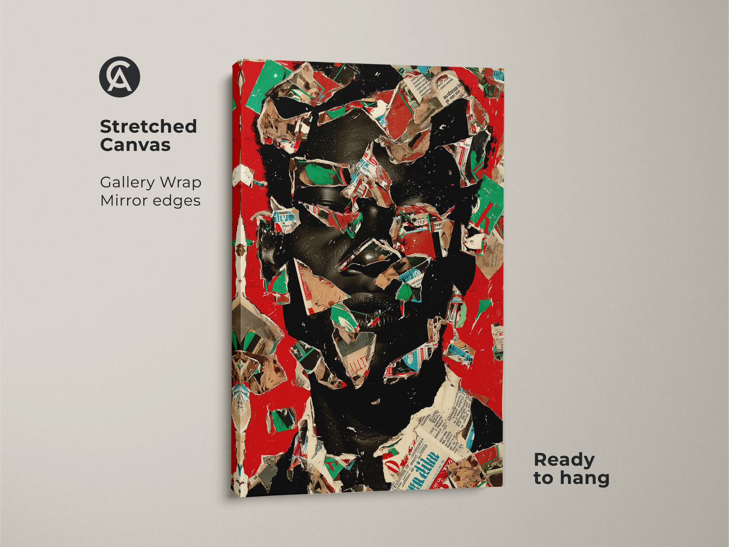 Stretched canvas print featuring an abstract face. Red and black collage art with gallery wrap and mirror edges. Contemporary portrait wall art is ready to hang. Mixed media canvas enhances eclectic home decor.