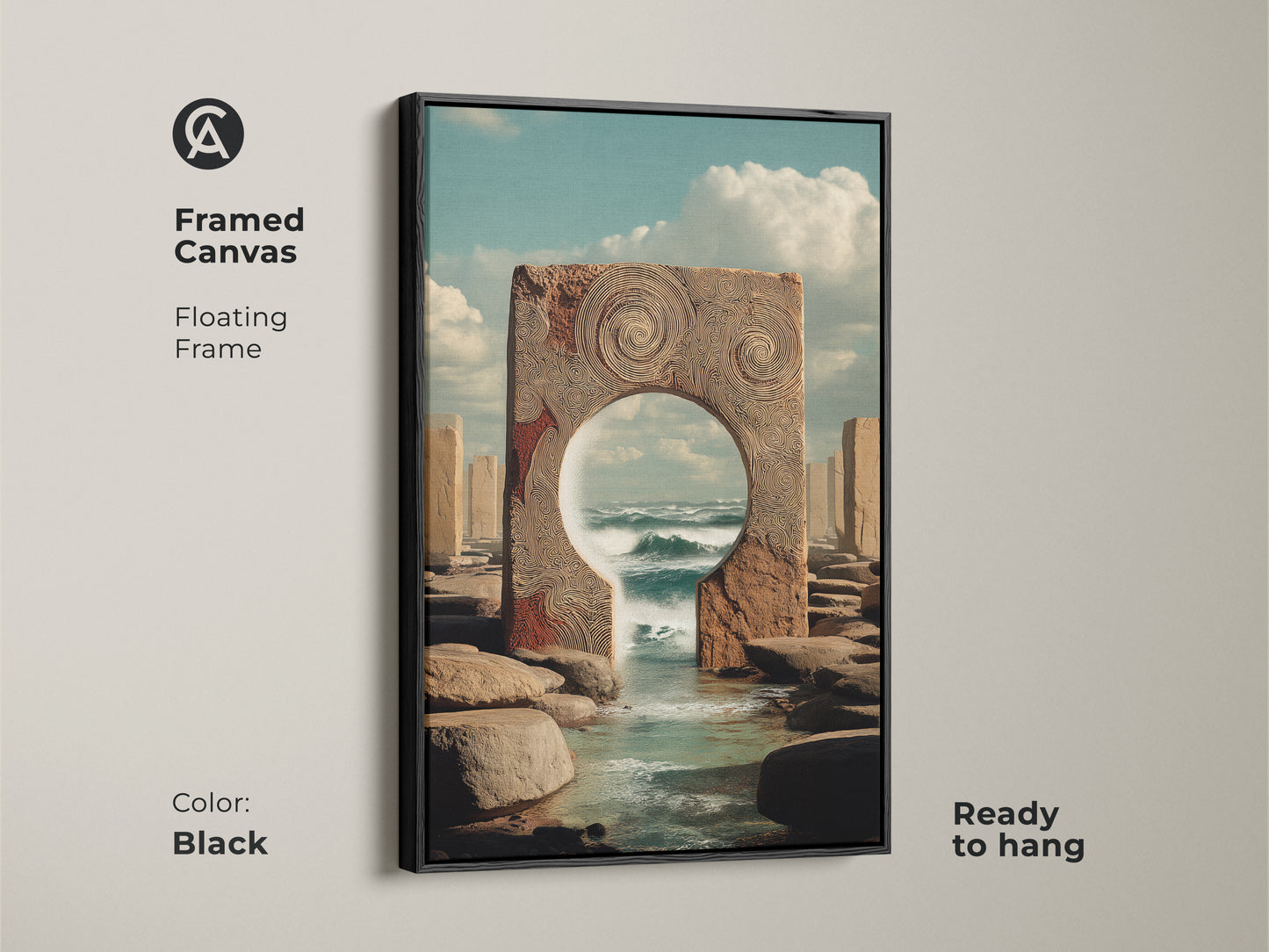 Black framed canvas of a surreal ocean portal. Floating frame showcasing eclectic blue tan teal decor. Adds a modern touch to your bedroom. A unique housewarming gift ready to hang.
