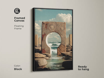 Black framed canvas of a surreal ocean portal. Floating frame showcasing eclectic blue tan teal decor. Adds a modern touch to your bedroom. A unique housewarming gift ready to hang.