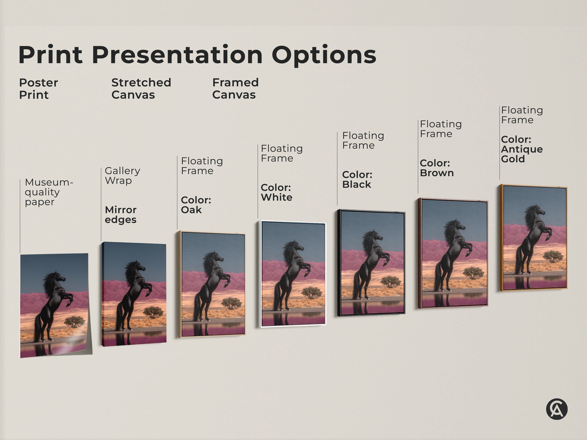 Print Presentation Options showcasing a Rearing Black Horse. Choose from poster print stretched canvas or framed canvas. Gallery wrap and floating frame options are available in various colors. These museum-quality edges create a unique home decor gift. The fine art horse painting is a powerful animal artwork. Perfect for horse lovers.