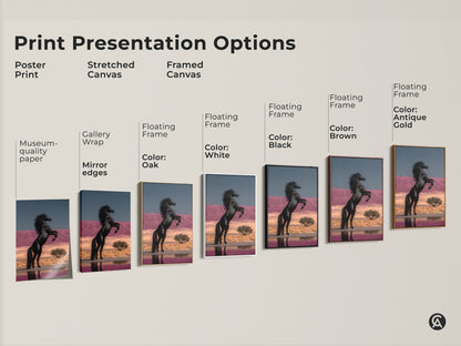 Print Presentation Options showcasing a Rearing Black Horse. Choose from poster print stretched canvas or framed canvas. Gallery wrap and floating frame options are available in various colors. These museum-quality edges create a unique home decor gift. The fine art horse painting is a powerful animal artwork. Perfect for horse lovers.