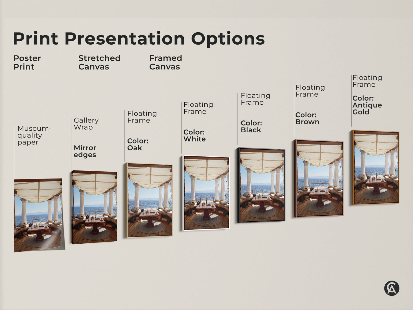 Print Presentation Options include Poster Print Stretched Canvas and Framed Canvas. Museum-quality paper with Gallery Wrap. Floating Frame in Oak White Black Brown and Antique Gold.