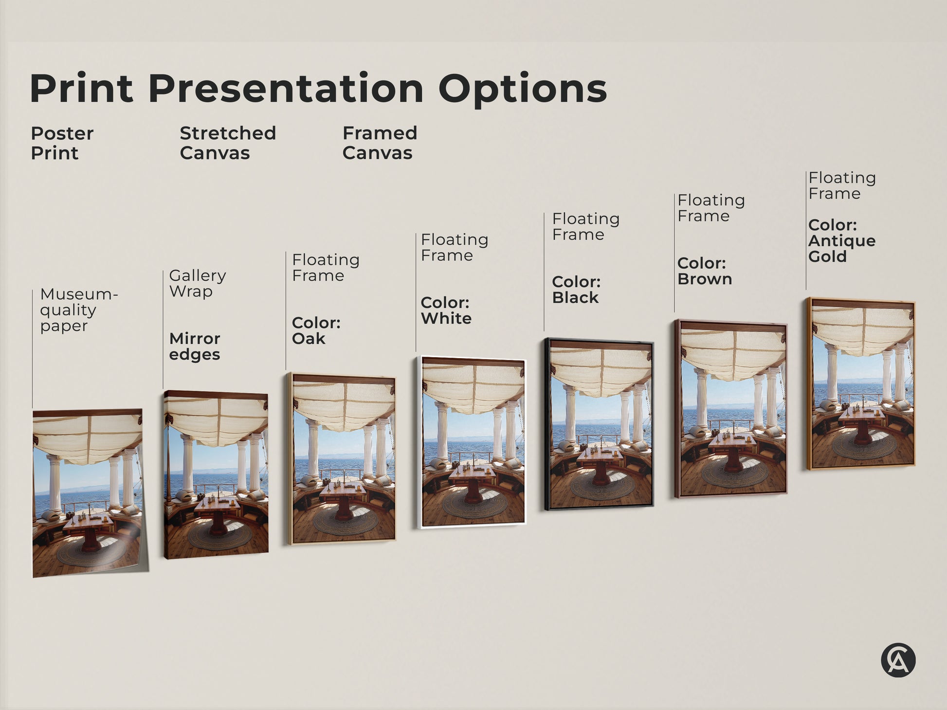 Print Presentation Options include Poster Print Stretched Canvas and Framed Canvas. Museum-quality paper with Gallery Wrap. Floating Frame in Oak White Black Brown and Antique Gold.