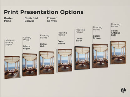 Print Presentation Options include Poster Print Stretched Canvas and Framed Canvas. Museum-quality paper with Gallery Wrap. Floating Frame in Oak White Black Brown and Antique Gold.