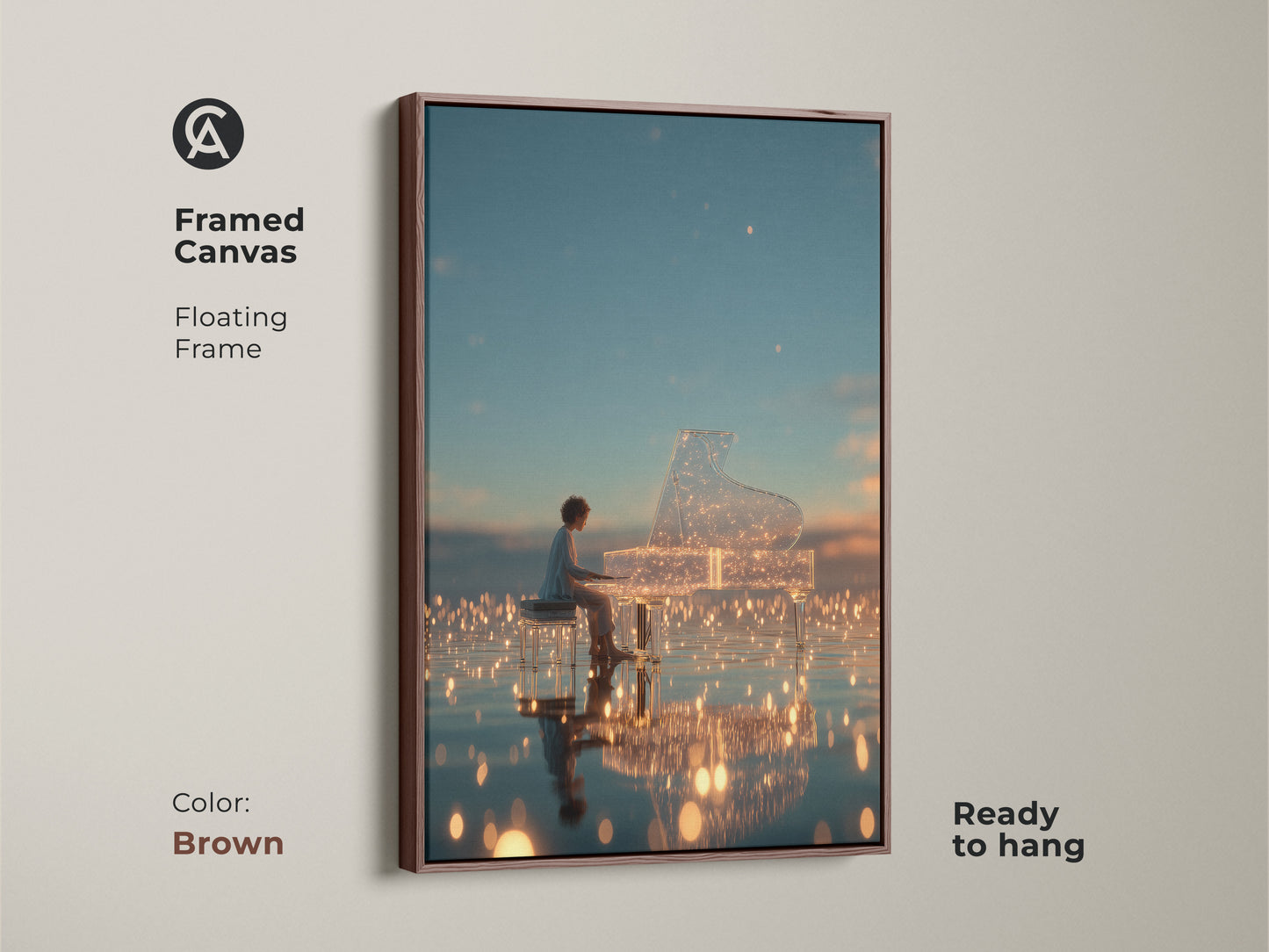 Brown framed canvas art featuring a pianist playing a crystal grand piano. The floating frame enhances the artwork's beauty. This ready-to-hang piece adds warmth to any room. Ideal for lovers of musical fine art prints.