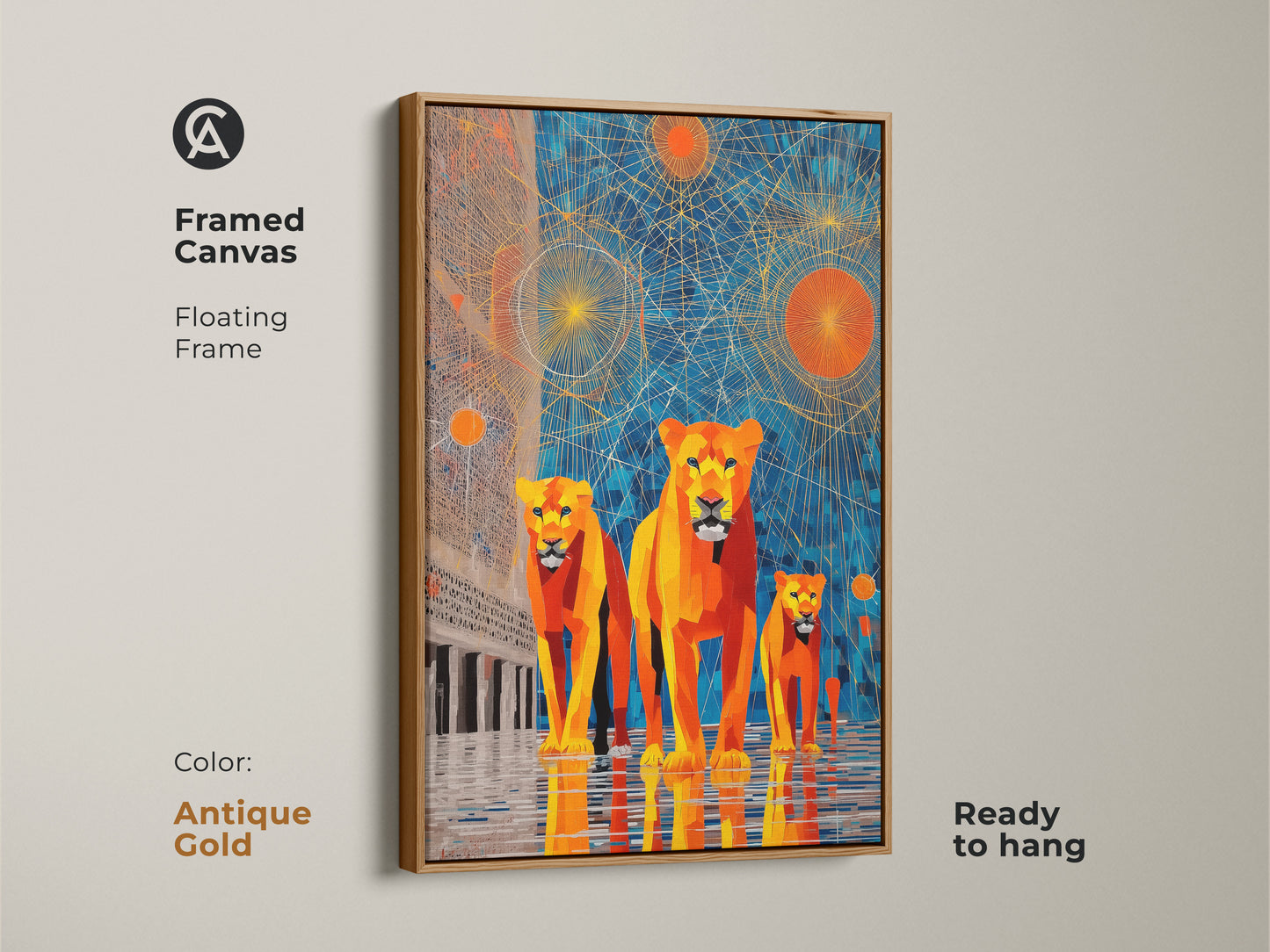 Antique gold framed canvas featuring a geometric lion art piece. The abstract sunburst animal artwork is designed in blue and orange. Enhance your decor with contemporary wildlife art. This unique wall hanging offers a regal animal portrait with modern geometric flair. It's ready to hang.