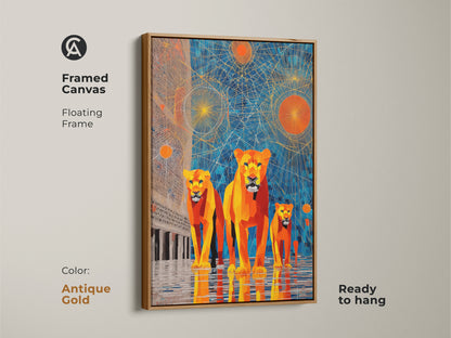 Antique gold framed canvas featuring a geometric lion art piece. The abstract sunburst animal artwork is designed in blue and orange. Enhance your decor with contemporary wildlife art. This unique wall hanging offers a regal animal portrait with modern geometric flair. It's ready to hang.