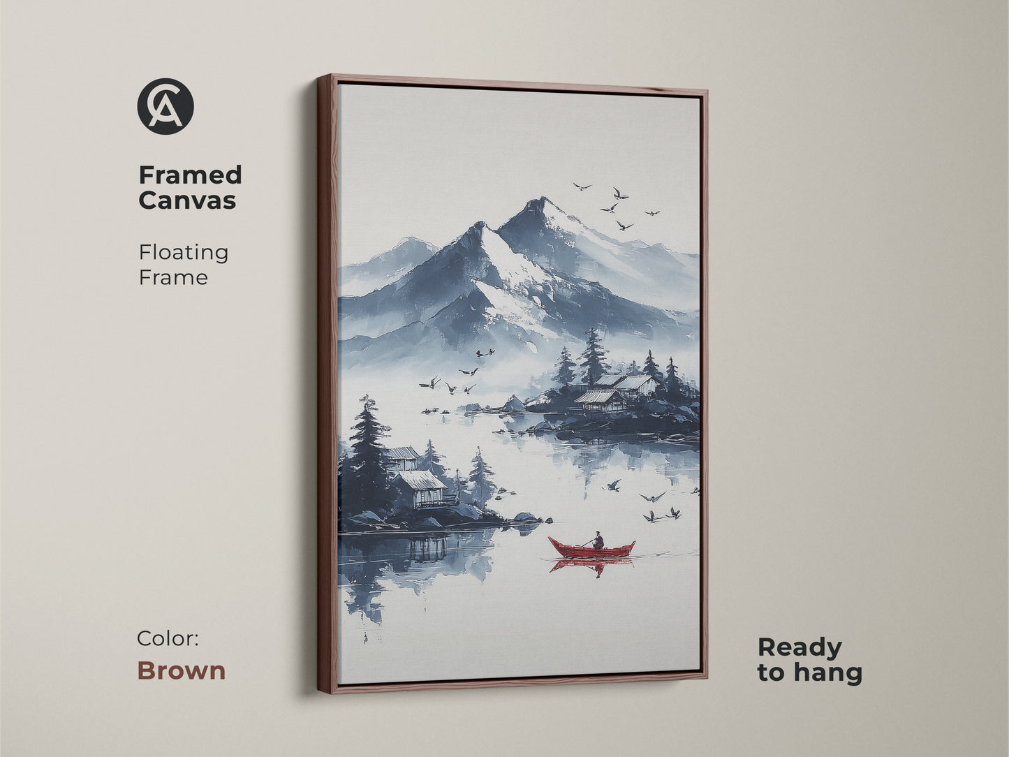 Brown framed canvas showcasing ink wash mountain art with a red boat. This Scandinavian landscape print offers a peaceful nature scene. The blue and white art is ideal for calm living room decor. It's ready to hang and perfect as a housewarming gift.