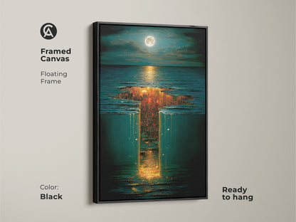 Framed canvas art featuring a surreal underwater city with a moonlit sky. The golden orange and deep blue tones create an enchanting look. Ready to hang this piece adds eclectic bedroom decor to any space. A perfect gift for art lovers.