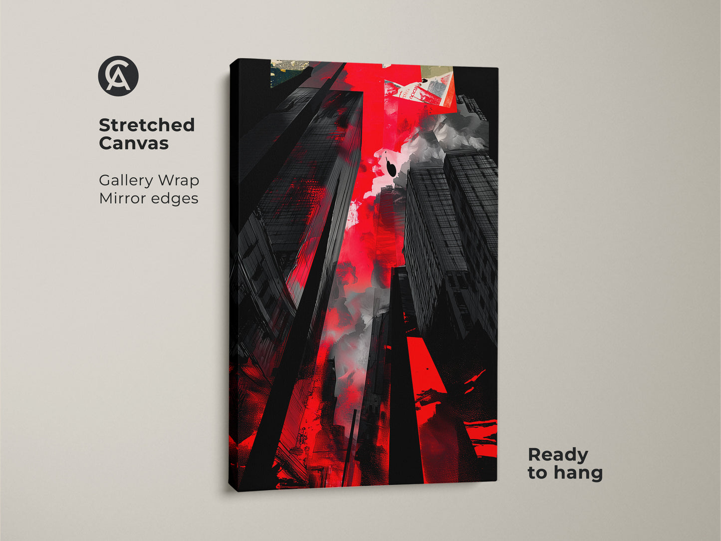 A stretched canvas featuring an abstract cityscape. This red and black urban artwork is ready to hang. It's perfect for modern office wall decor and contemporary living rooms.