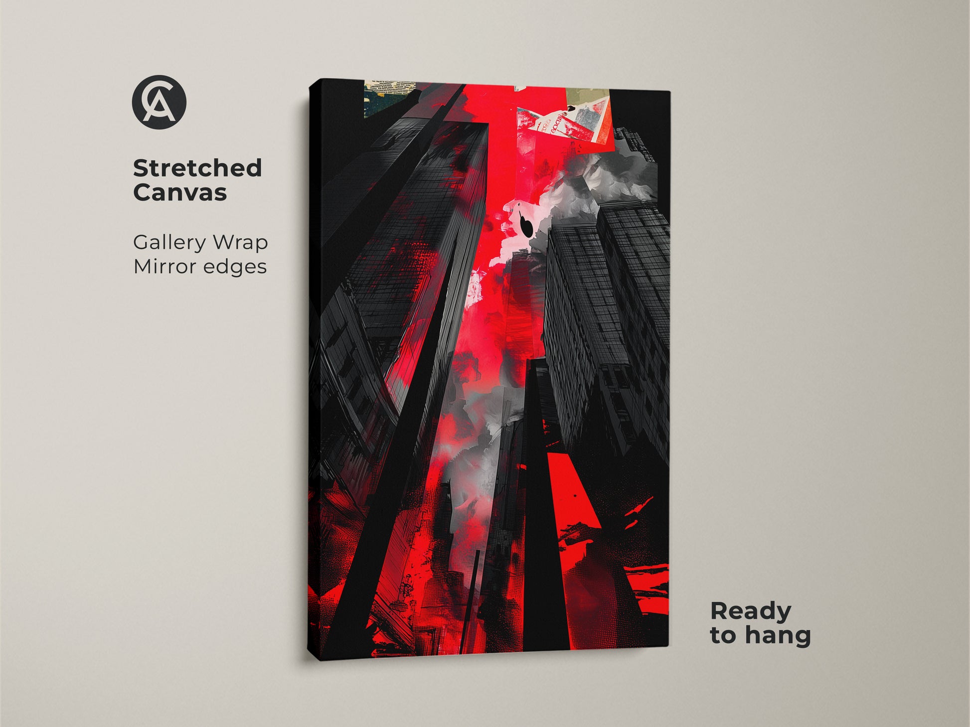 A stretched canvas featuring an abstract cityscape. This red and black urban artwork is ready to hang. It's perfect for modern office wall decor and contemporary living rooms.