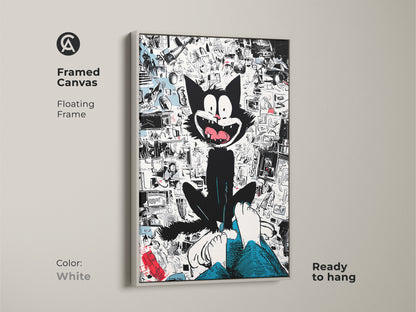 Framed canvas art print with a floating frame in white color. This features a whimsical black cat sitting above a person's feet. The background showcases a collage of cartoon imagery. The framed art is ready to hang.
