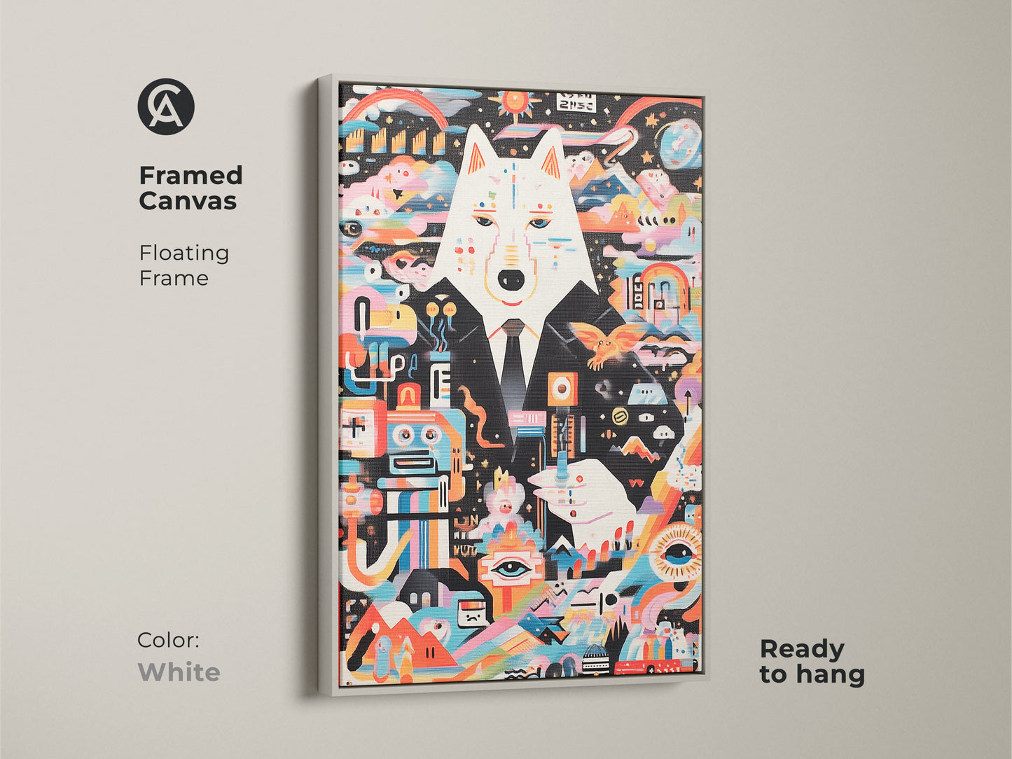 Abstract wolf artwork on a framed canvas in a white floating frame. The surreal robot animal art adds an eclectic modern touch to your home. Ready to hang. This multicolor canvas print is a unique gift. Ideal for art lovers seeking unusual wall decor.