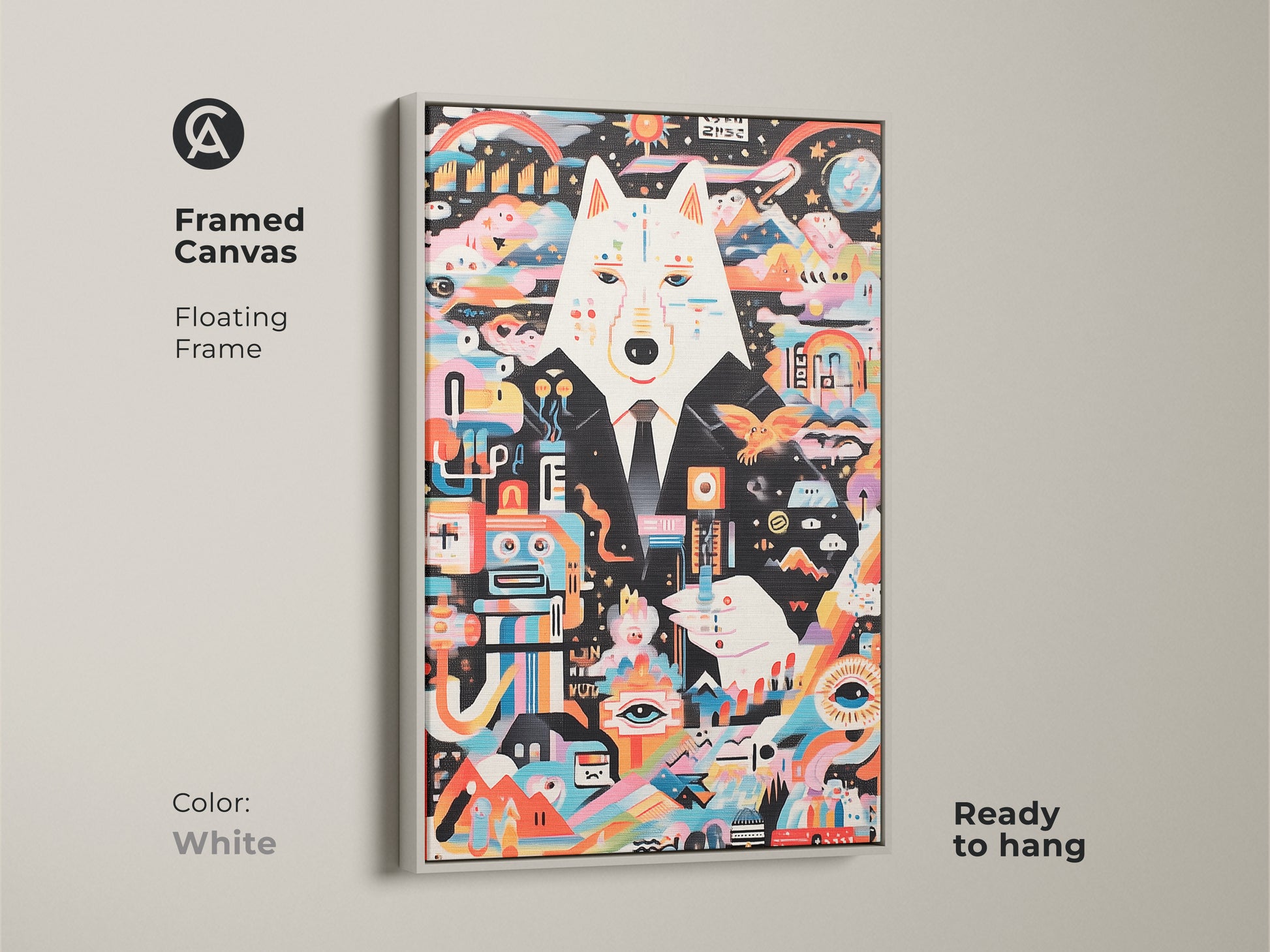 Abstract wolf artwork on a framed canvas in a white floating frame. The surreal robot animal art adds an eclectic modern touch to your home. Ready to hang. This multicolor canvas print is a unique gift. Ideal for art lovers seeking unusual wall decor.