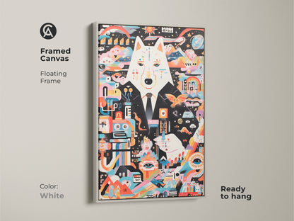 Abstract wolf artwork on a framed canvas in a white floating frame. The surreal robot animal art adds an eclectic modern touch to your home. Ready to hang. This multicolor canvas print is a unique gift. Ideal for art lovers seeking unusual wall decor.