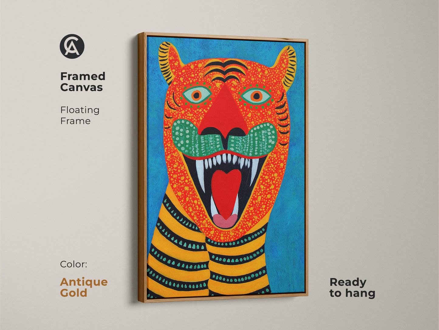 Antique gold framed canvas with folk art tiger artwork featuring a floating frame. This ready-to-hang naive art animal print suits eclectic spaces. Ideal for vibrant wall decor.