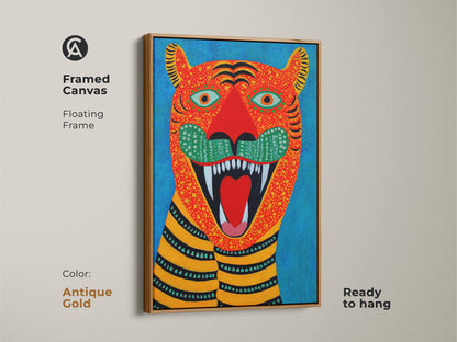 Antique gold framed canvas with folk art tiger artwork featuring a floating frame. This ready-to-hang naive art animal print suits eclectic spaces. Ideal for vibrant wall decor.