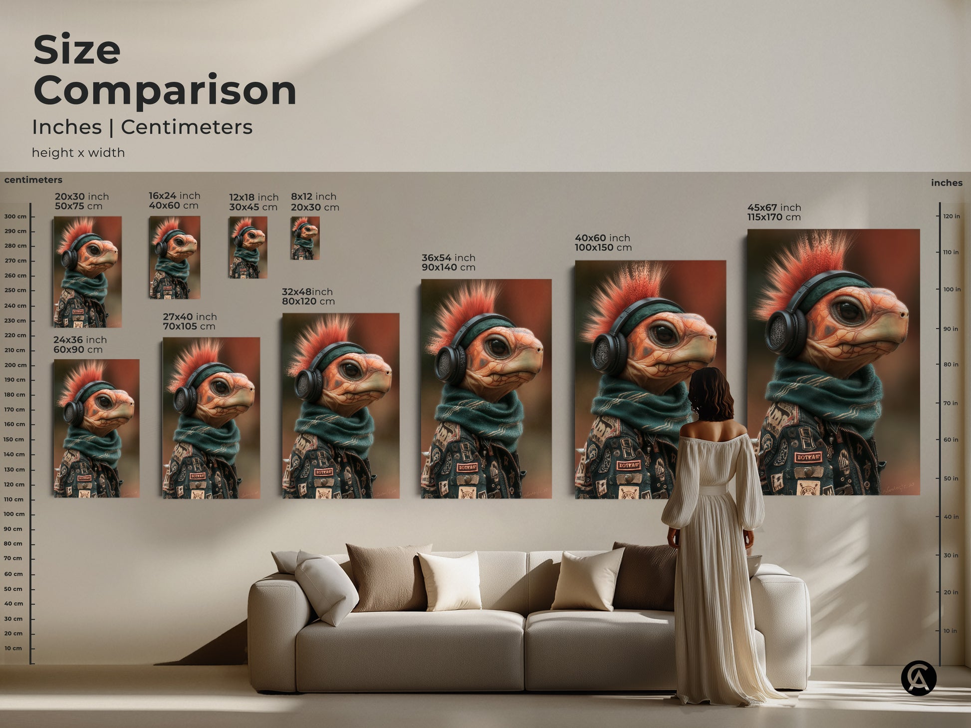 Size Comparison Chart of Mohawk Turtle Art. The canvas and poster sizes range from small to large. The image is displayed in a stylish living room. See this music lover gift with a mohawk headphones scarf and jacket. Decorate with punk rock animal art. Get yours today.