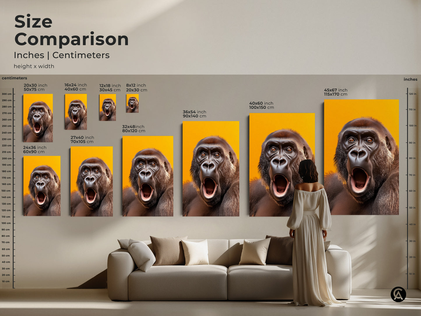 Size comparison of realistic gorilla art. See inches and centimeters. This canvas is perfect for eclectic home decor. It features a yellow orange background.