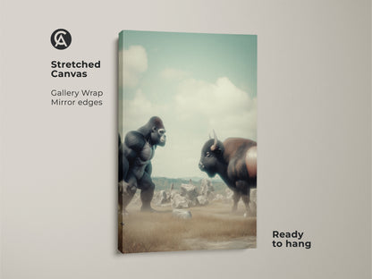 Stretched canvas of a surreal Gorilla vs Bison digital art print. The gallery wrap and mirror edges add a professional touch. It's a ready-to-hang piece with muted greens and earthy tones. Perfect for eclectic home decor and fantasy nature wall art.