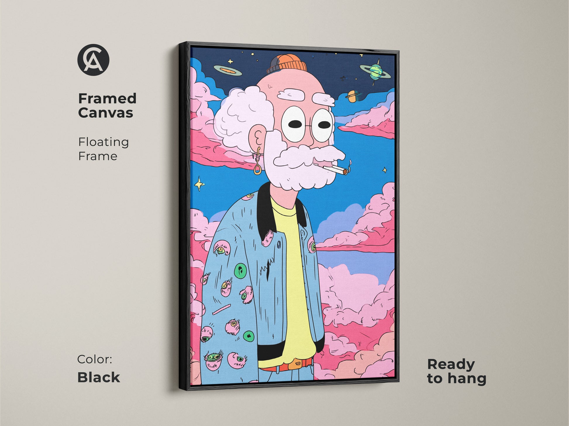 Framed canvas art featuring a cartoon drawing of an old man smoking. The floating frame is black and the artwork is ready to hang. This fun art print adds a unique touch to your home decor.
