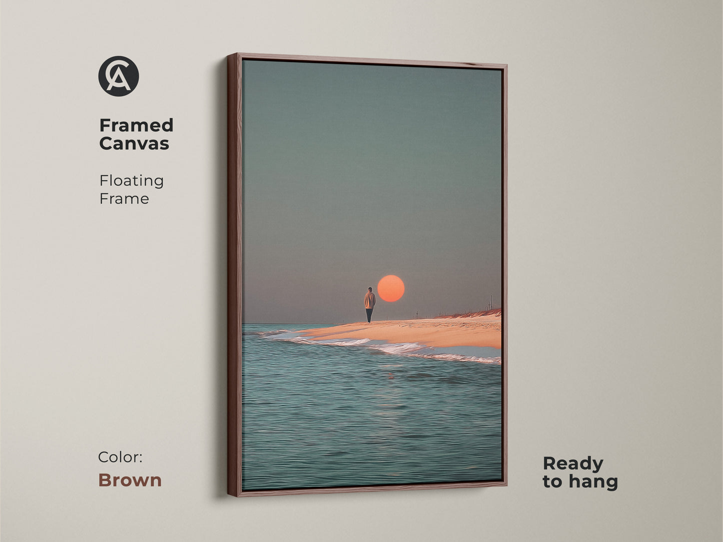 This framed canvas displays minimalist beach wall art with a brown floating frame. The surreal ocean canvas print features a person walking on the beach at sunset. This coastal home decor piece is ready to hang and adds a warm contemporary touch.