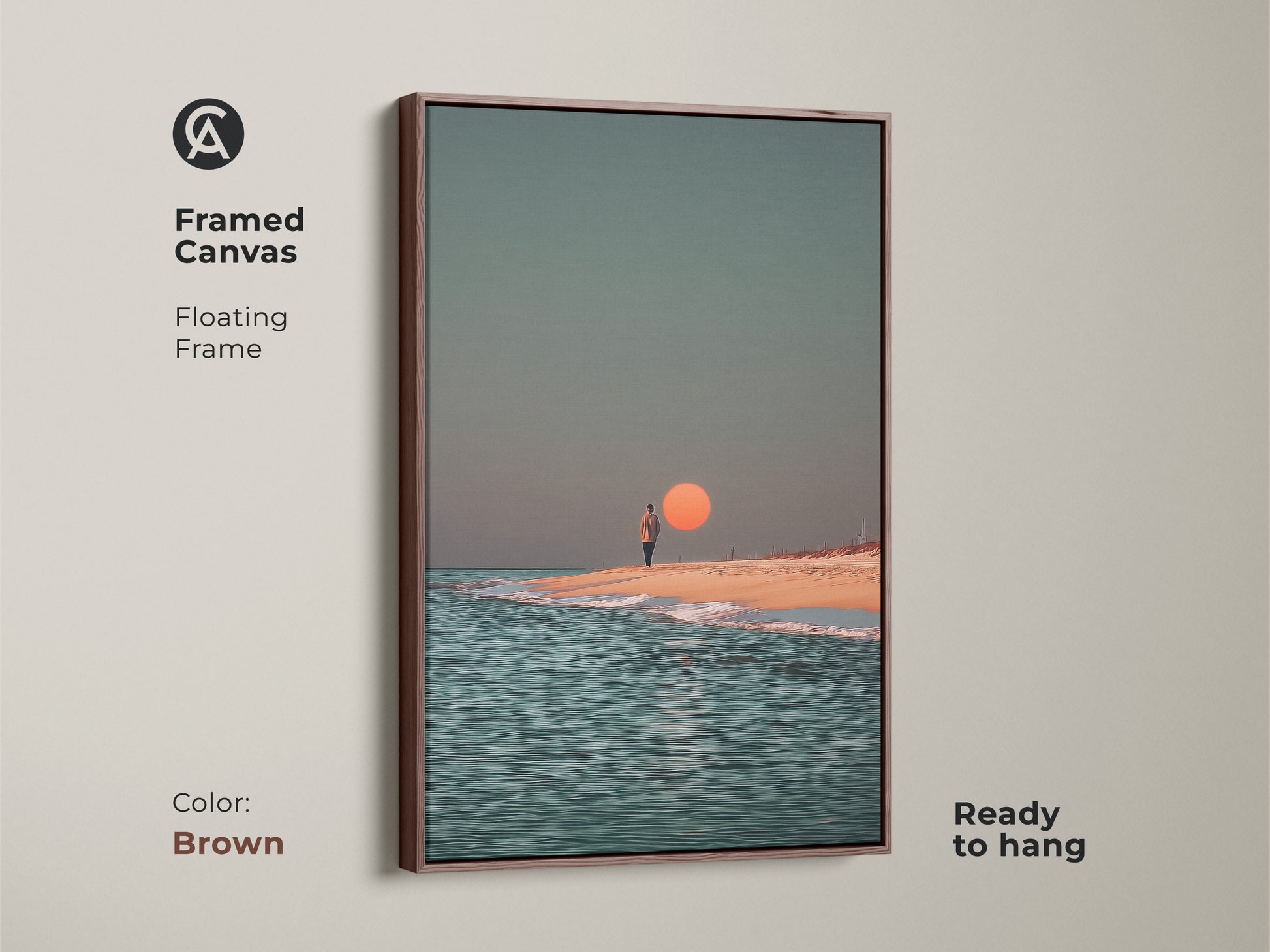 This framed canvas displays minimalist beach wall art with a brown floating frame. The surreal ocean canvas print features a person walking on the beach at sunset. This coastal home decor piece is ready to hang and adds a warm contemporary touch.