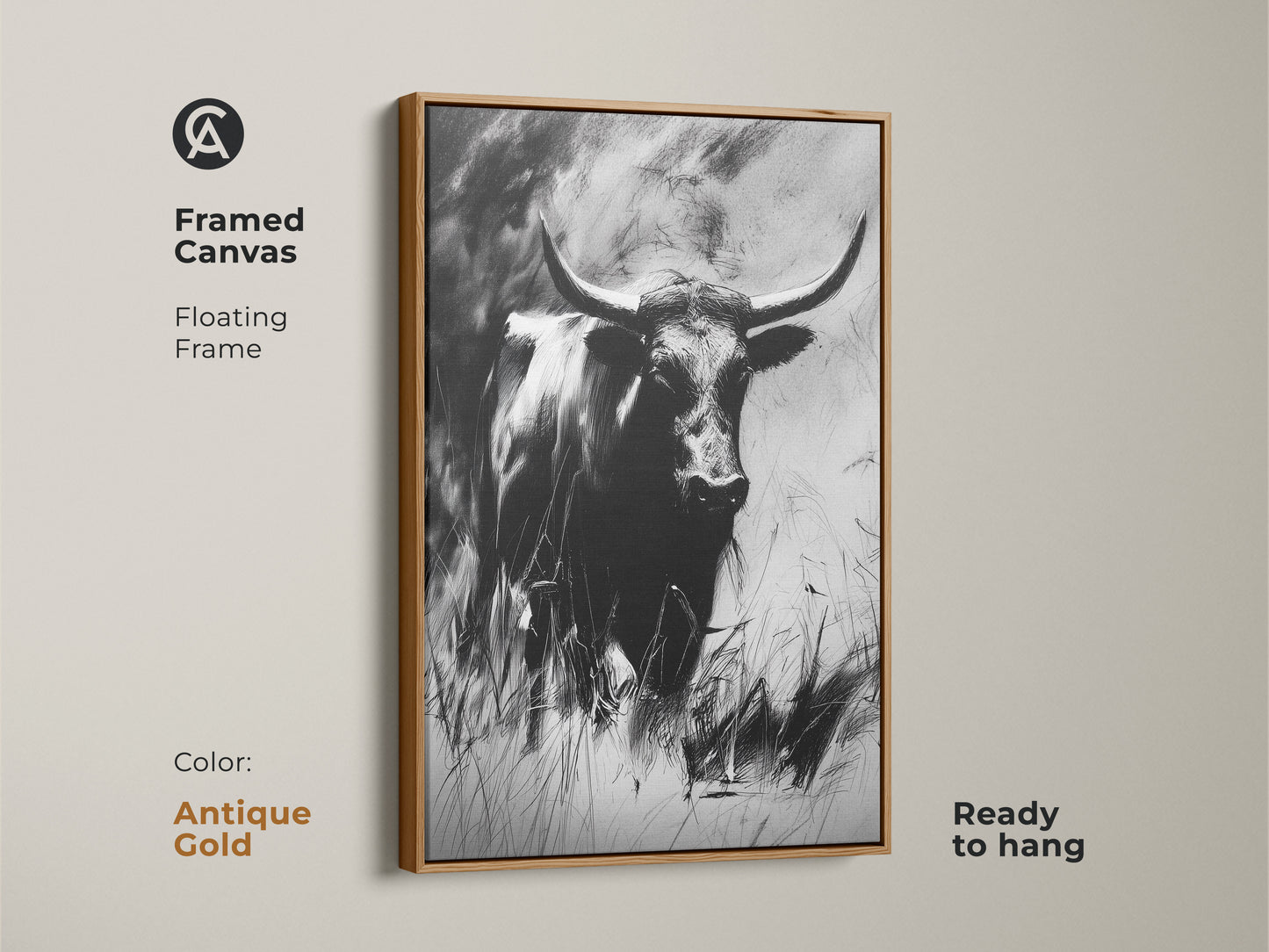 This framed canvas features a monochrome bull with an antique gold frame. The charcoal sketch longhorn is ready to hang. It makes a stunning piece of rustic home wall art. Perfect for study or office decor.