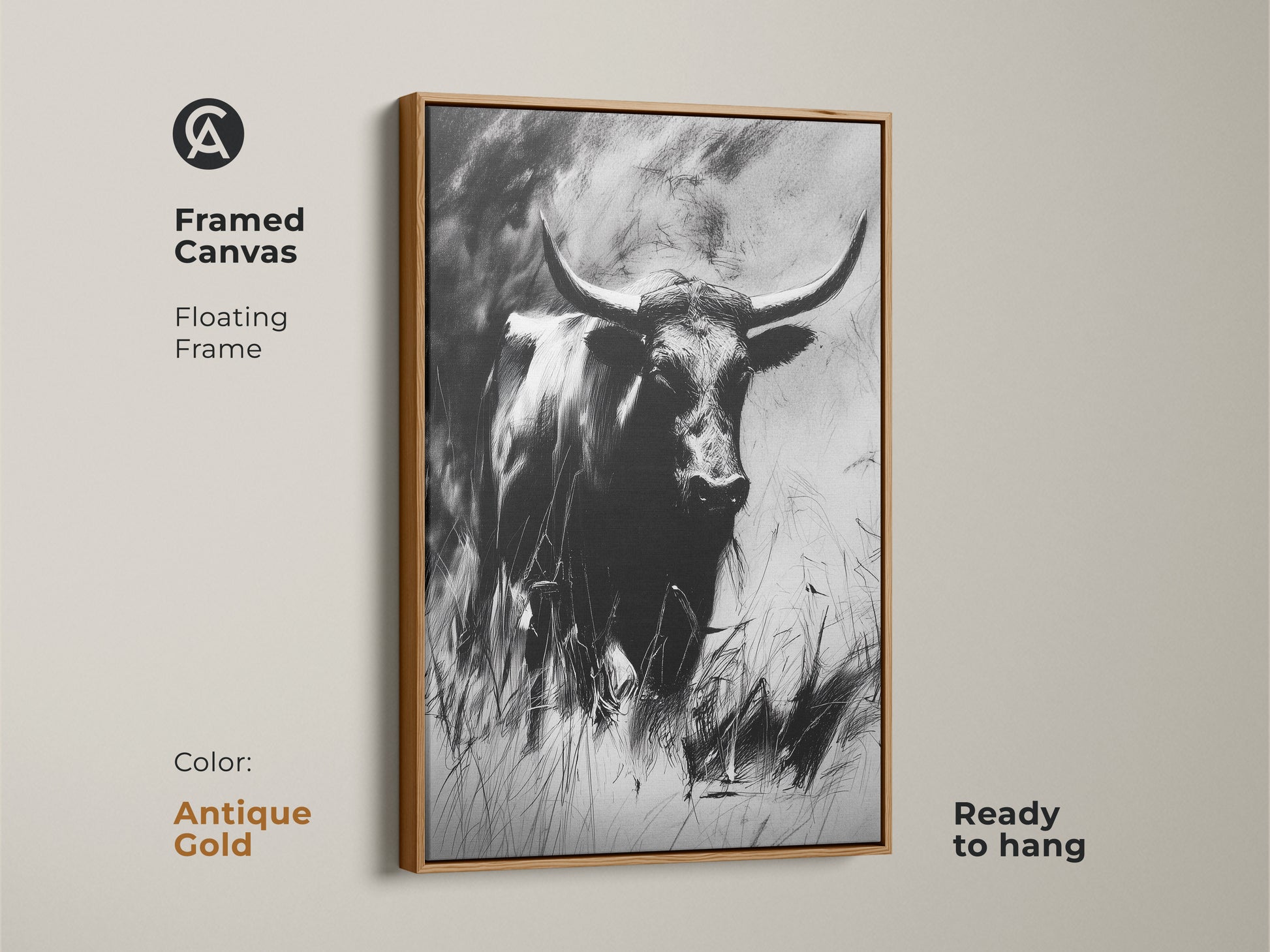 This framed canvas features a monochrome bull with an antique gold frame. The charcoal sketch longhorn is ready to hang. It makes a stunning piece of rustic home wall art. Perfect for study or office decor.
