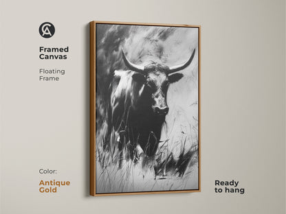 This framed canvas features a monochrome bull with an antique gold frame. The charcoal sketch longhorn is ready to hang. It makes a stunning piece of rustic home wall art. Perfect for study or office decor.