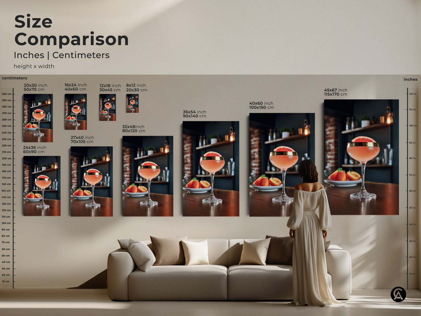 Size comparison of Grapefruit & Peach Cocktail art prints. Visualize how different sizes enhance your living room above the sofa. Choose the perfect scale for your canvas or poster. Ideal for adding a touch of Scandinavian style to your home bar.