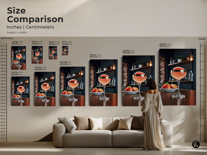 Size comparison of Grapefruit & Peach Cocktail art prints. Visualize how different sizes enhance your living room above the sofa. Choose the perfect scale for your canvas or poster. Ideal for adding a touch of Scandinavian style to your home bar.