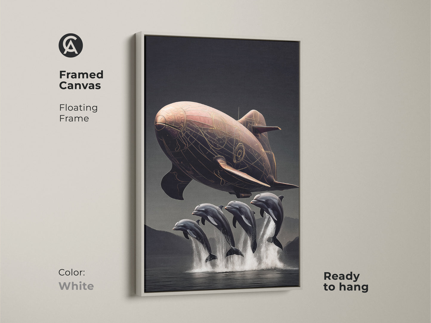 Explore print presentation options featuring this steampunk airship dolphin artwork. Choose from poster prints or framed canvas. Floating frames come in black brown antique gold and white. Eclectic copper brown surreal fantasy wall art.