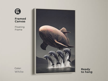 Explore print presentation options featuring this steampunk airship dolphin artwork. Choose from poster prints or framed canvas. Floating frames come in black brown antique gold and white. Eclectic copper brown surreal fantasy wall art.