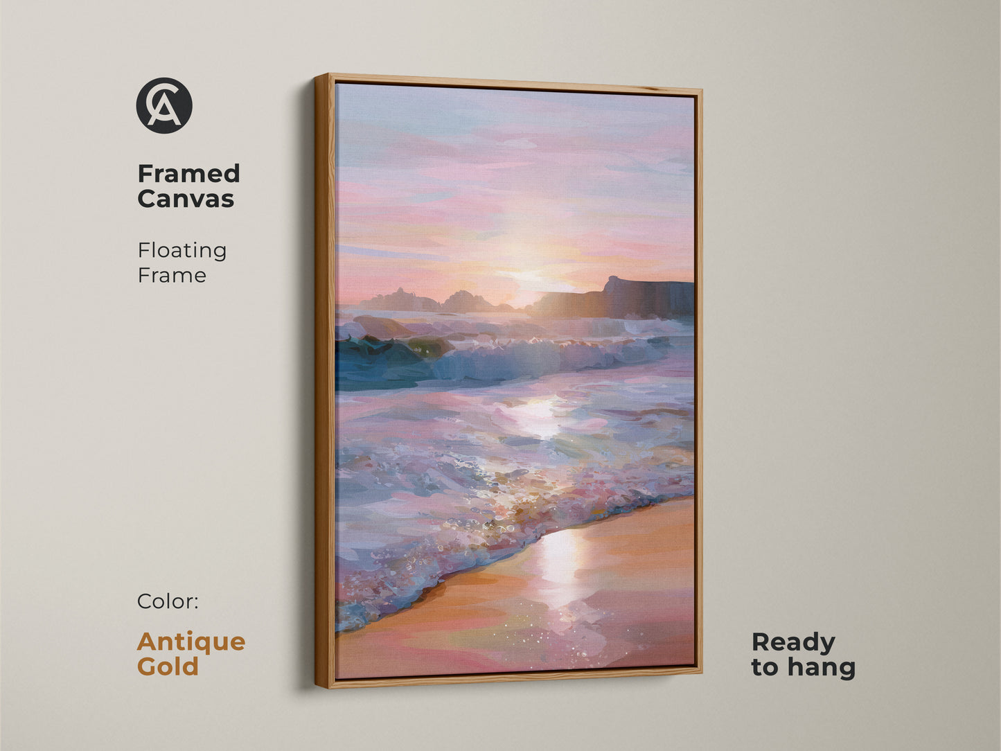 Framed canvas showing an ocean sunset and coastal beach waves. An antique gold floating frame complements the teal pink orange sky. Ready to hang wall art adds summer to your bedroom or living room. Perfect as a home decor canvas.