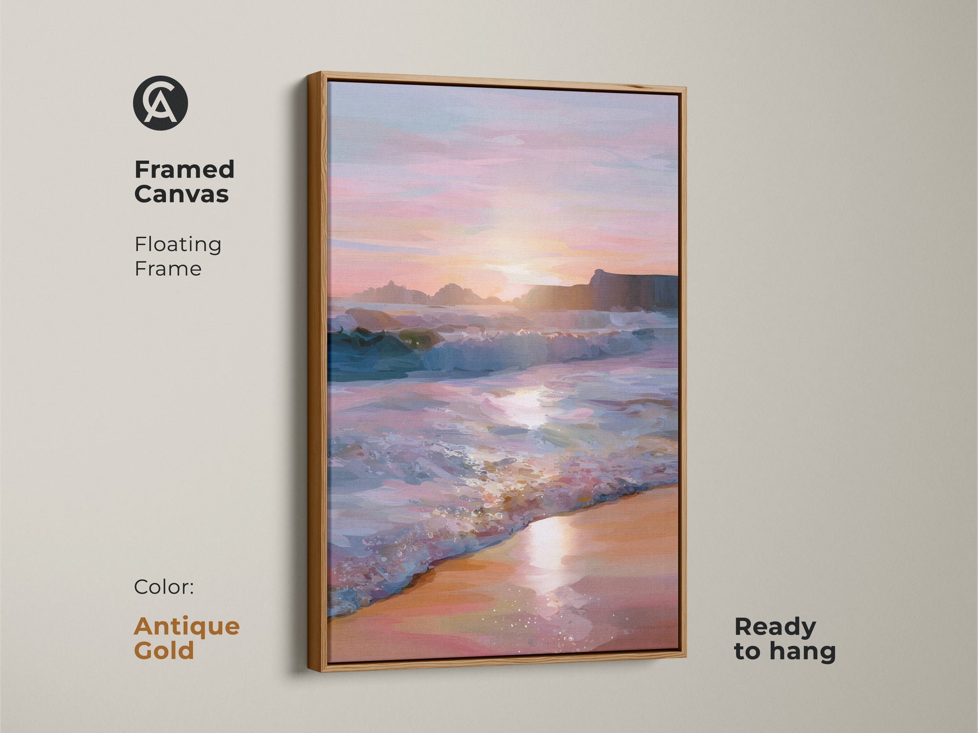 Framed canvas showing an ocean sunset and coastal beach waves. An antique gold floating frame complements the teal pink orange sky. Ready to hang wall art adds summer to your bedroom or living room. Perfect as a home decor canvas.