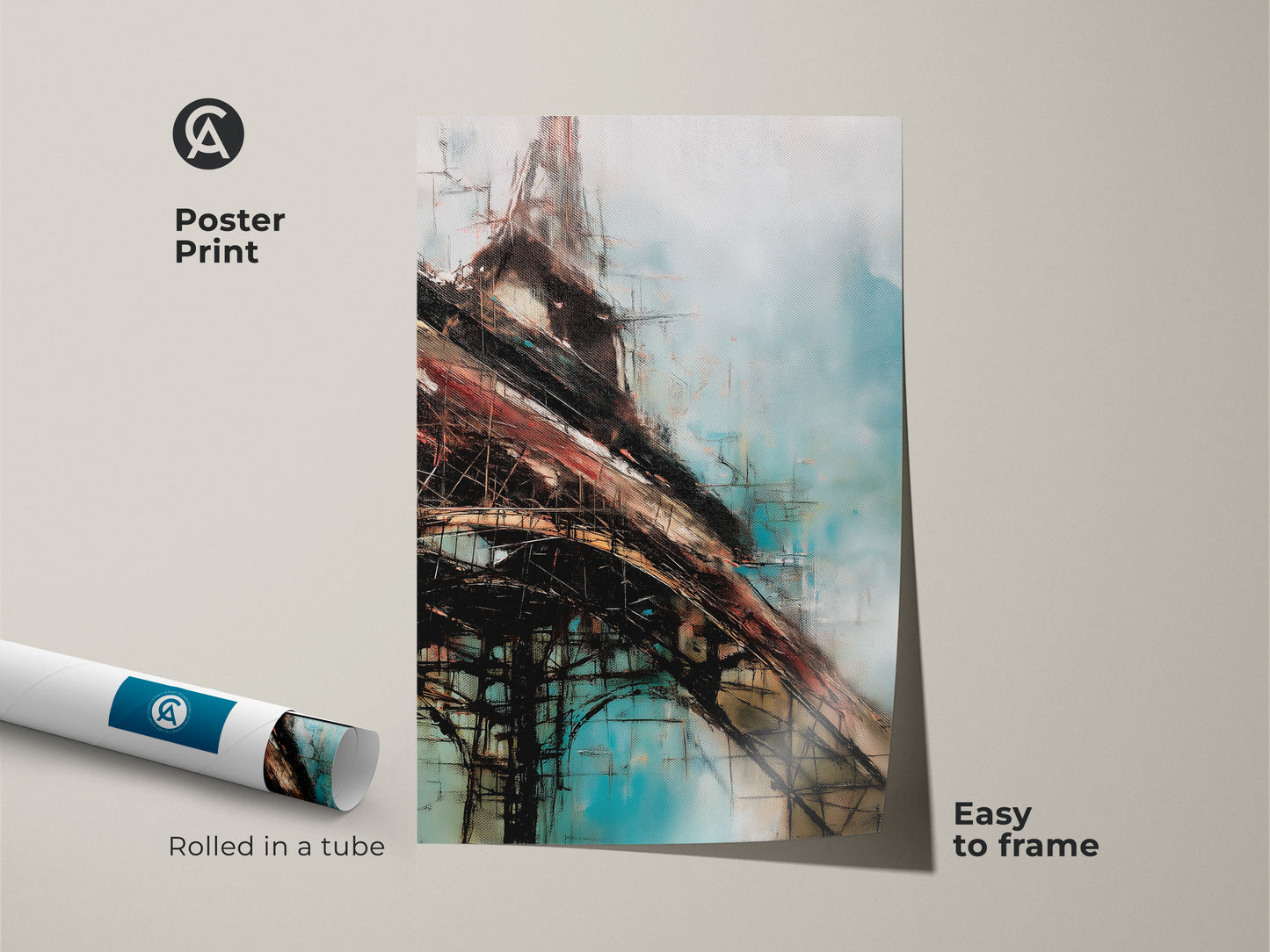 Rolled poster print of an abstract geometric construction artwork. Easy to frame this blue brown and teal artwork adds a modern touch. Perfect for contemporary office or home decor.