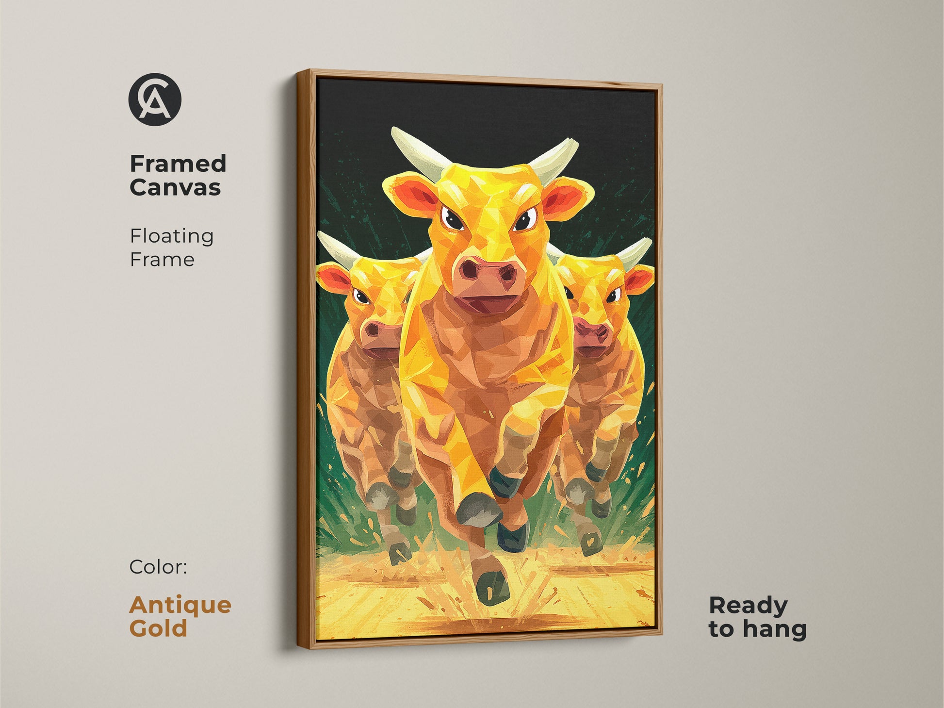 Framed animal canvas artwork of three golden cows with a floating frame in antique gold. The geometric low polygon style enhances this modern artwork. It is ready to hang. A stylish and dynamic animal art print for adding sophistication to your space. Perfect artwork for any room.
