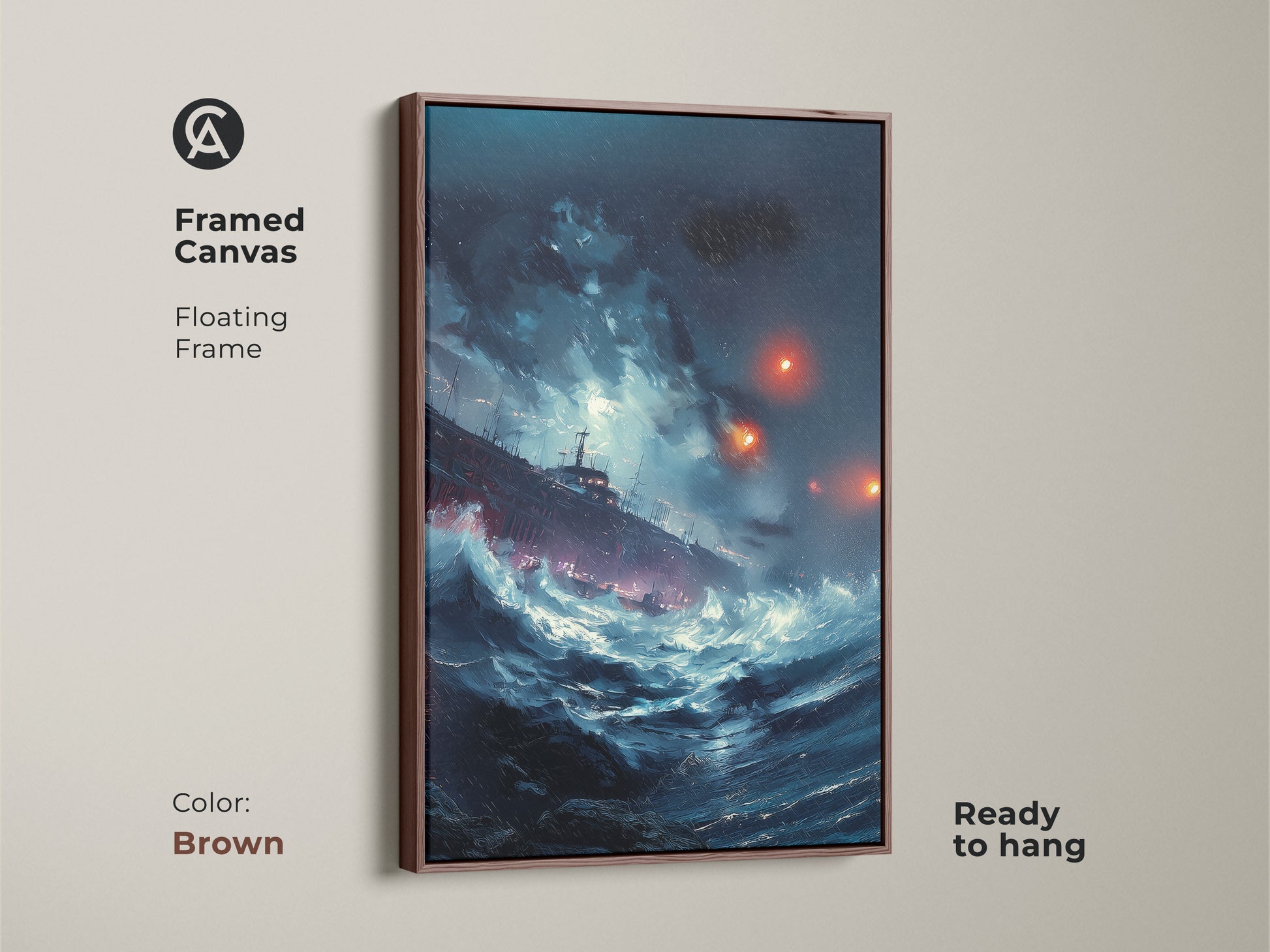 Framed canvas with a floating frame in brown. Nautical artwork of a ship in a stormy sea. Deep blue and teal ocean waves art print. Ready to hang maritime theme for any room.