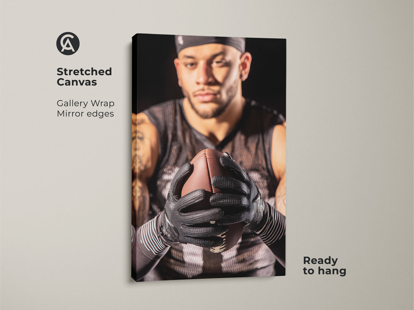 Stretched canvas of an American Football player ready to hang. The gallery wrap features mirror edges. Perfect sports canvas art for a man cave. This athlete action portrait captures the intensity of the game. A great gift for sports enthusiasts.