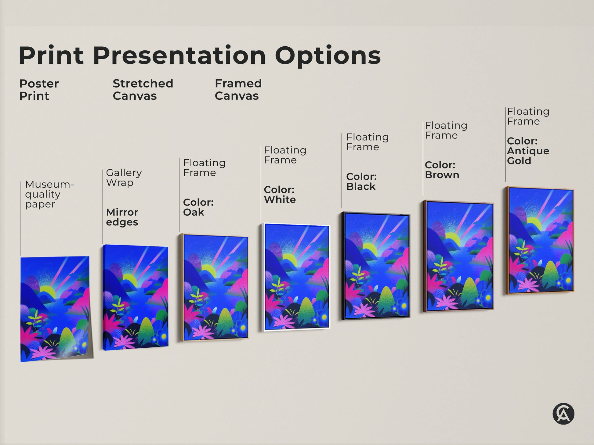 Print presentation options showcase the fantasy abstract landscape artwork. Choose from a poster print or stretched canvas. Also available as framed canvas in oak white black brown or antique gold. Find the perfect nature inspired wall art for your home.